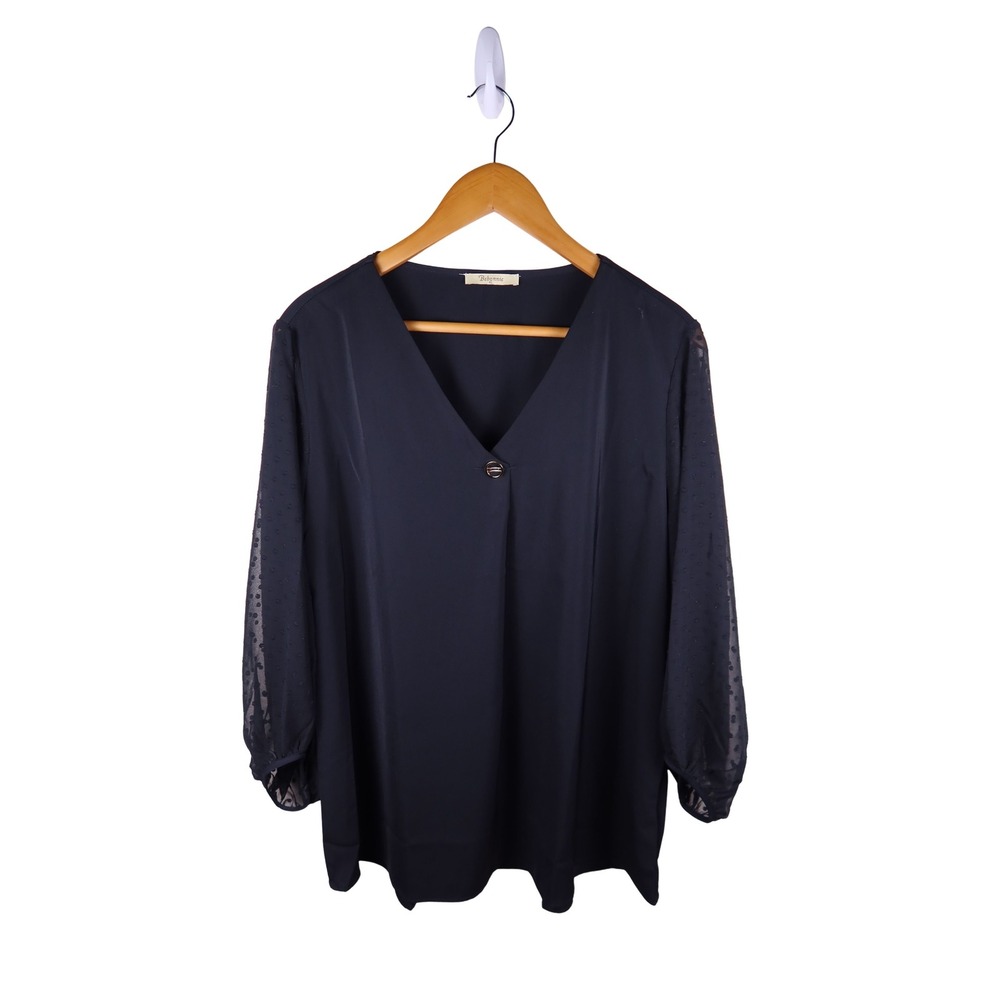 Bebonnie Black Blouse Women XL Sheer Swiss Dot Sleeve V Neck Dressy Top